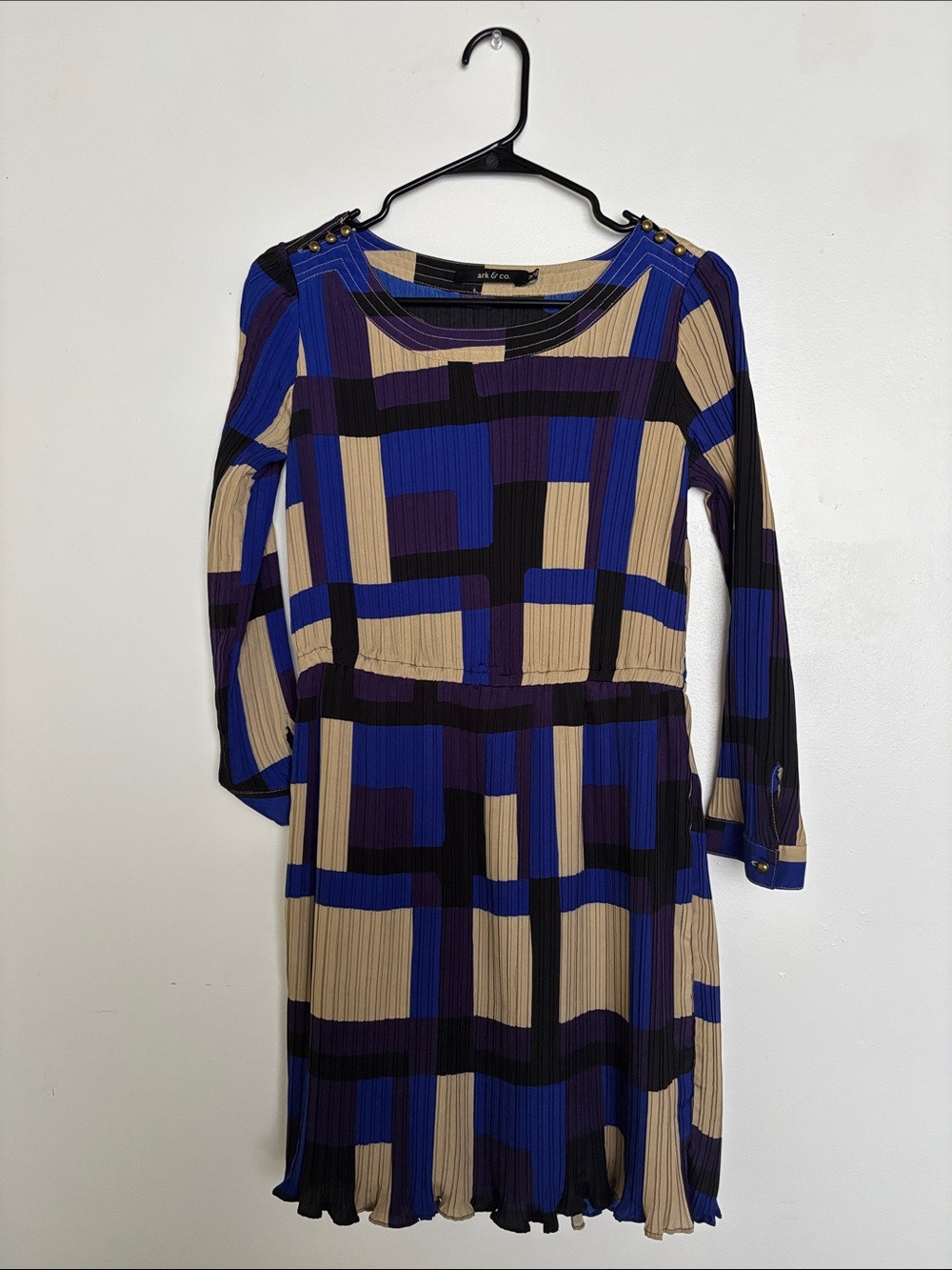 Ark & Co Blue, Cream & Black Geometric Pleated Long Sleeve Dress